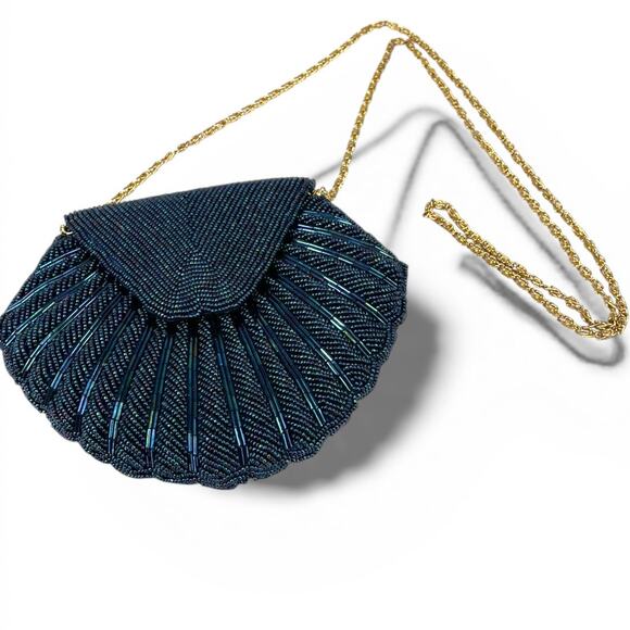 Vintage Iridescent navy beaded seashell clutch shoulder bag ouster shell mermaid - Picture 2 of 8